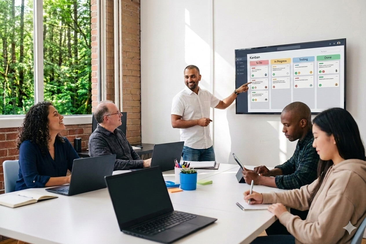 Consulting team collaborating in a modern workspace